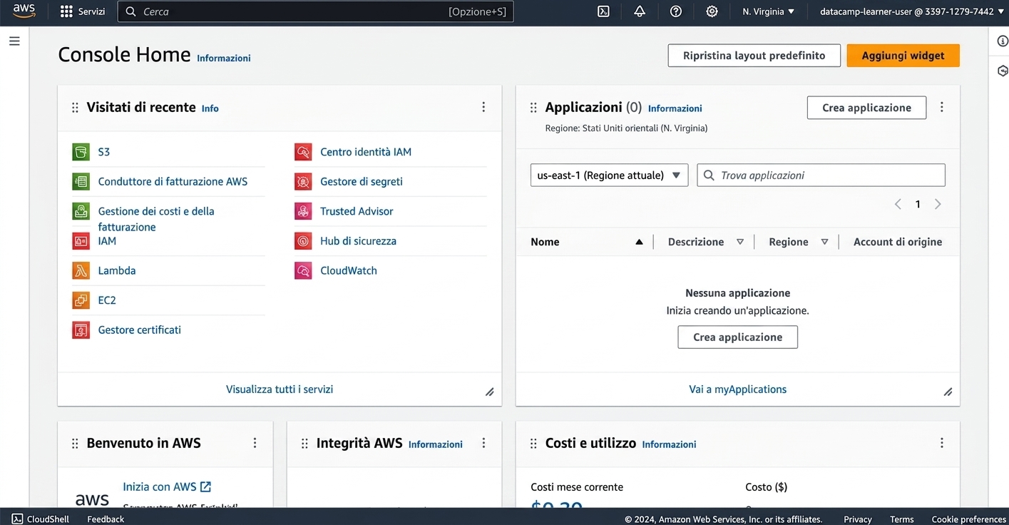 Pagina iniziale AWS nel sandbox