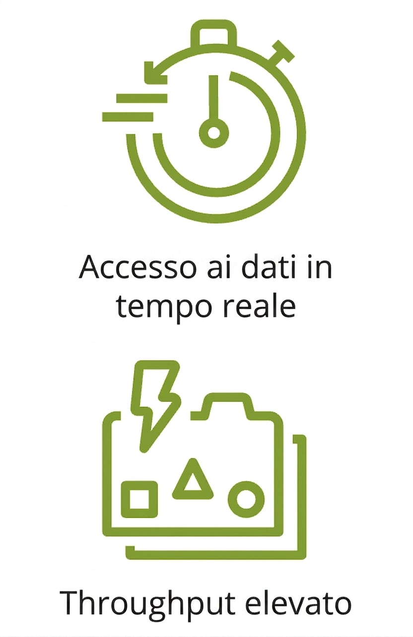 Due icone che mostrano accesso ai dati in tempo reale e alto throughput.