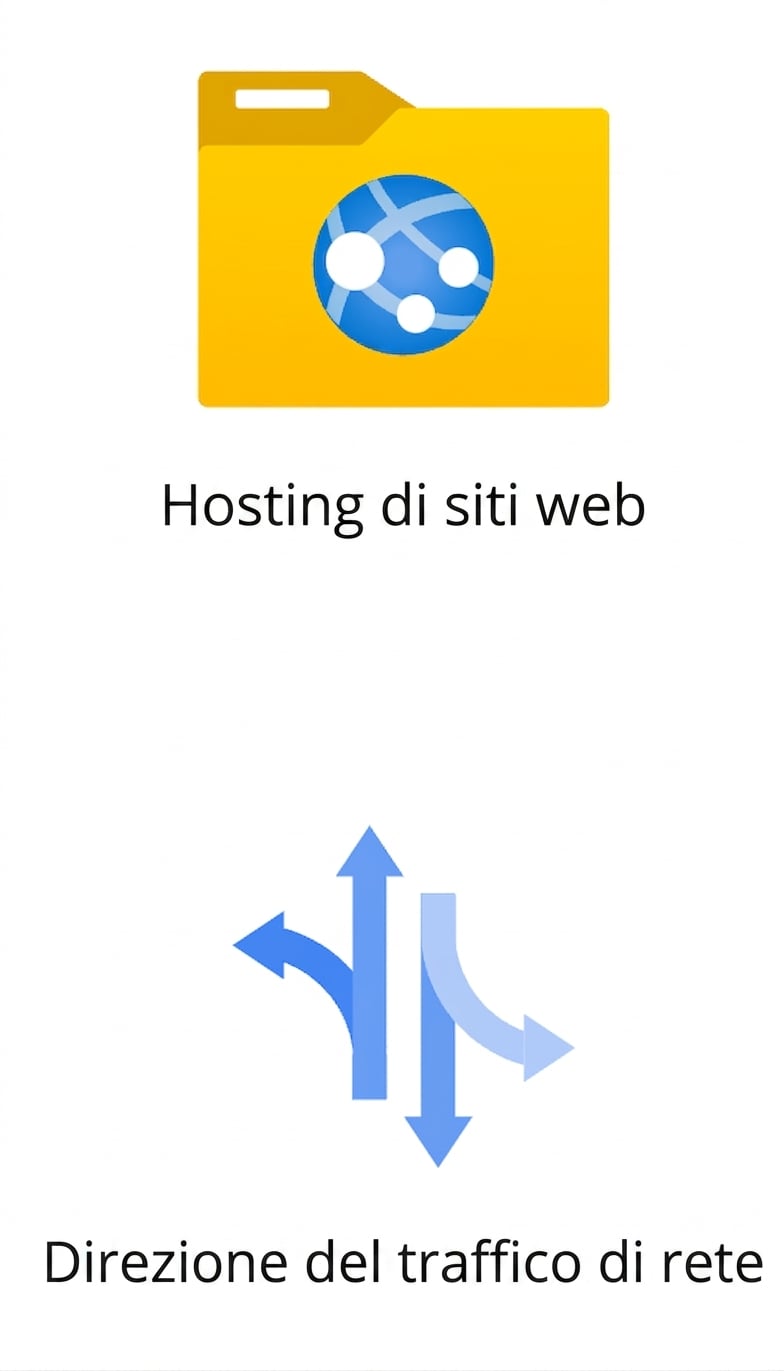 Due icone che mostrano hosting di siti web e instradamento del traffico di rete.