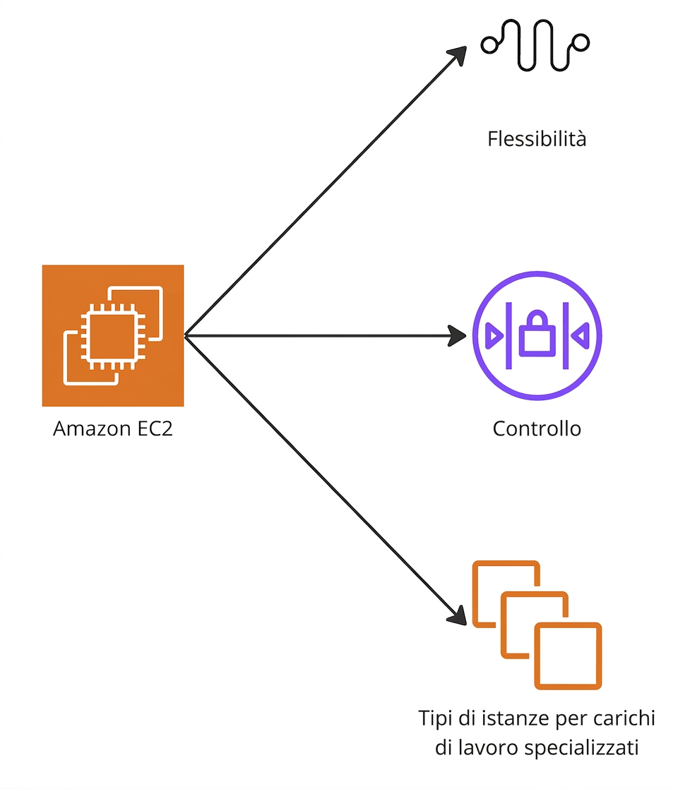 Un diagramma ramificato che evidenzia flessibilità, controllo e tipi di istanze speciali in EC2.