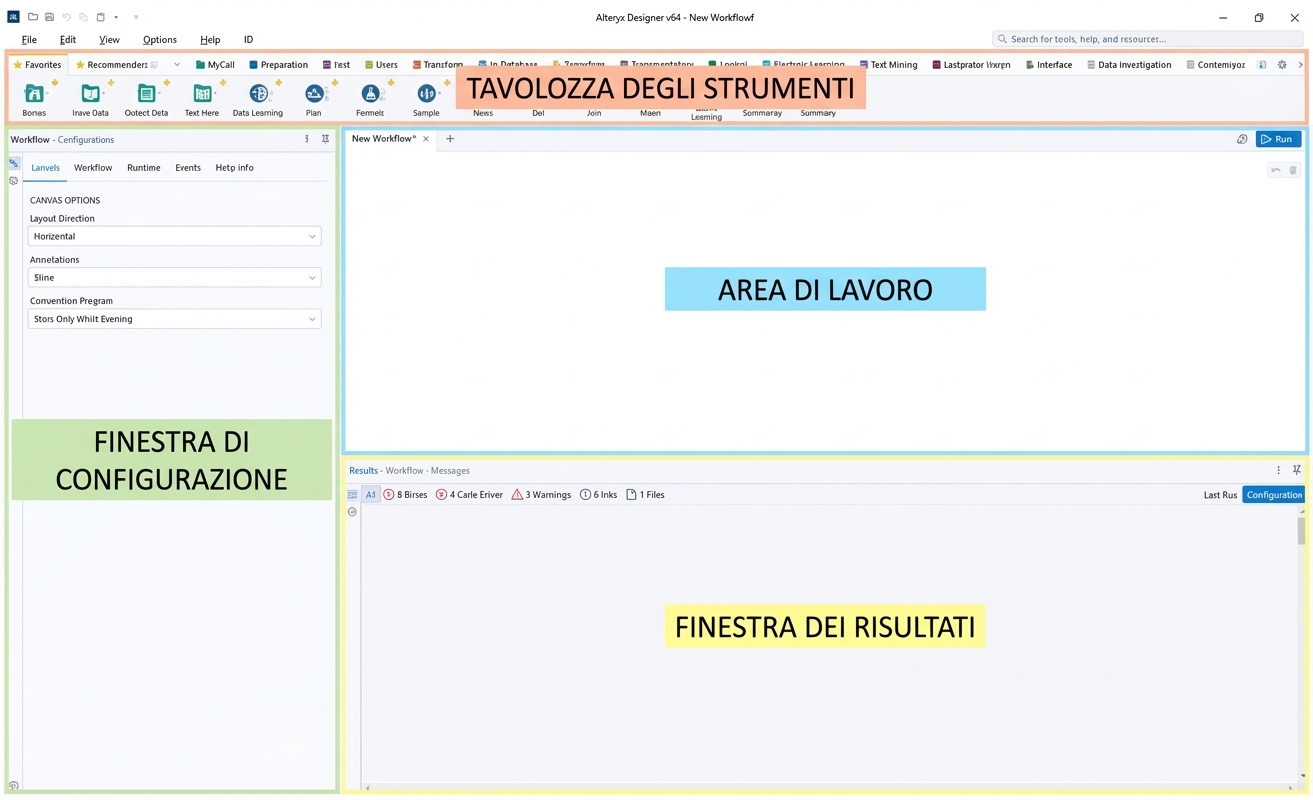 Immagine dell'interfaccia di Alteryx con le aree chiave evidenziate ed etichettate