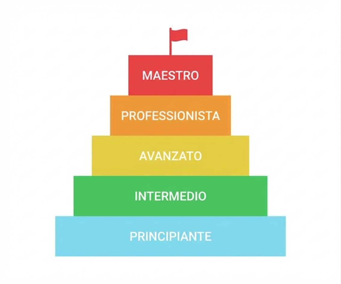 Un'immagine che mostra una piramide con diversi livelli colorati che partono dal principiante e arrivano al maestro.