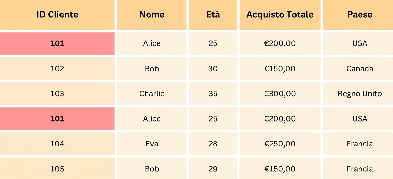 Eliminare la tabella dei duplicati con l'ID cliente evidenziato.