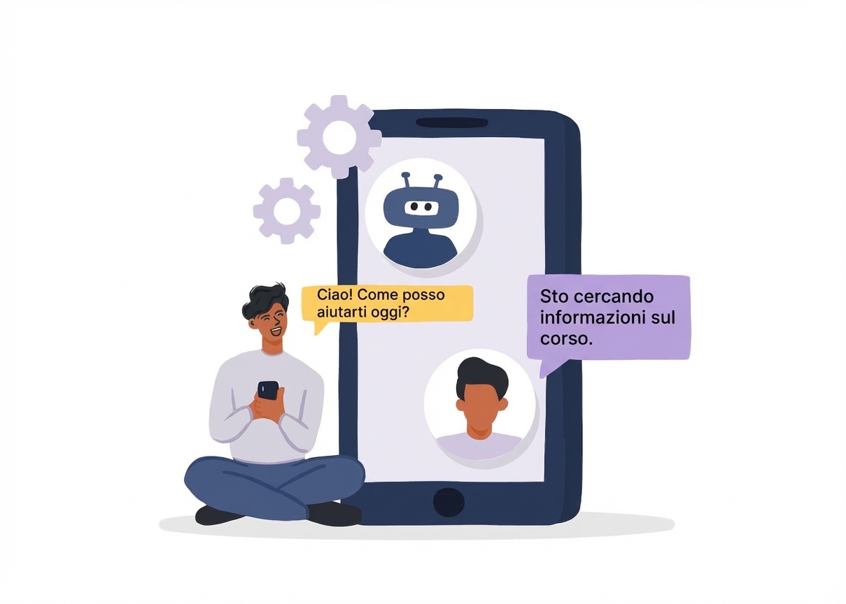 Illustrazione di un cliente che chatta con un bot di assistenza