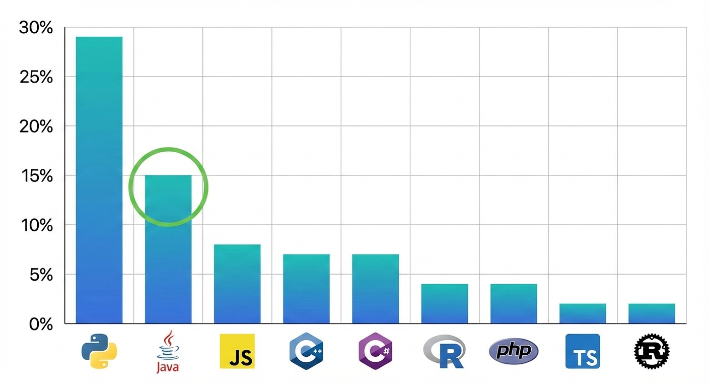 Grafico a barre che mostra che Java era il secondo linguaggio più popolare nel 2024.jpg