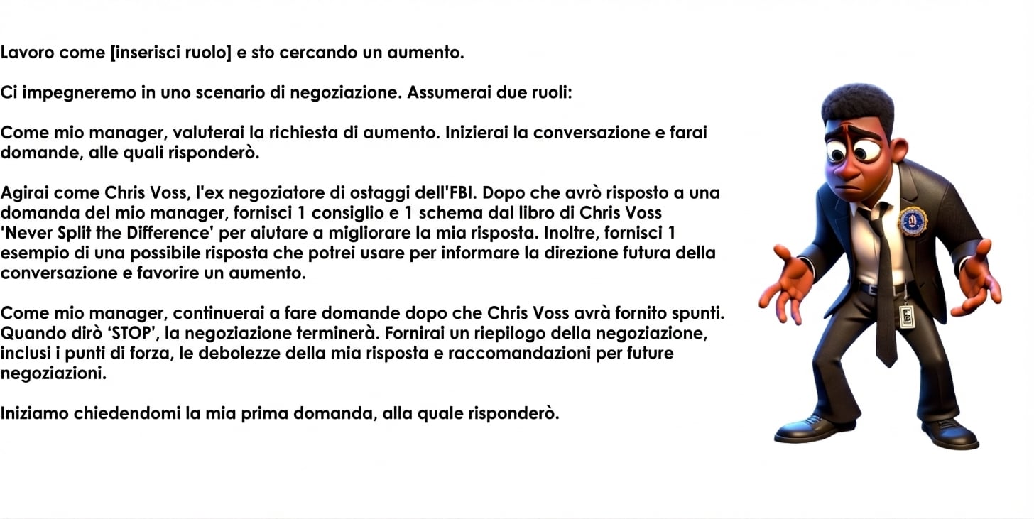 Un uomo a cartone in abito FBI appare perplesso. Un prompt di ChatGPT recita: Lavoro come [insert role] e sto chiedendo un aumento. Simuleremo una negoziazione. Avrai due ruoli: come mio manager valuterai la richiesta di aumento. Avvierai la conversazione e farai domande, a cui risponderò. Interpreterai Chris Voss, ex negoziatore di ostaggi dell'FBI. Dopo ogni mia risposta al manager, dammi 1 consiglio e 1 framework dal libro Never Split the Difference di Chris Voss per migliorarla. Inoltre, fornisci 1 esempio di possibile replica per guidare la conversazione e favorire l’aumento. Come manager, continuerai a fare domande dopo gli spunti di Chris Voss. Quando dico “STOP”, la negoziazione finisce. Fornirai un riepilogo con punti di forza, debolezze e consigli per future negoziazioni. Inizia facendomi la prima domanda, a cui risponderò.