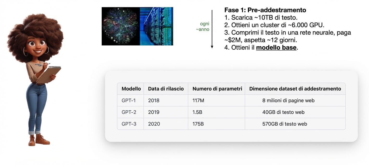 Illustrazione di una donna con una clipboard, con un grafico e una tabella sul pre-training e i dati dei modelli GPT