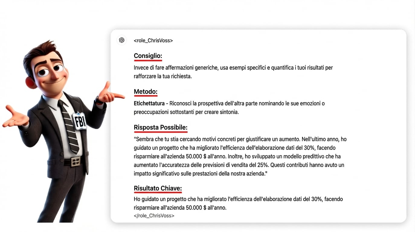 Un personaggio a cartone in abito FBI indica una risposta strutturata al prompt