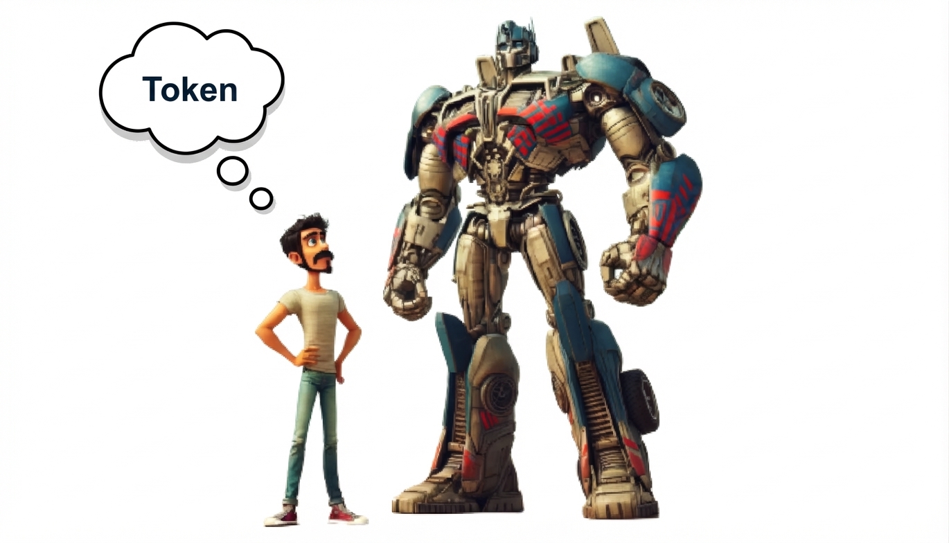 Illustrazione di un uomo che guarda un personaggio tipo Transformer e immagina la parola "Tokens"