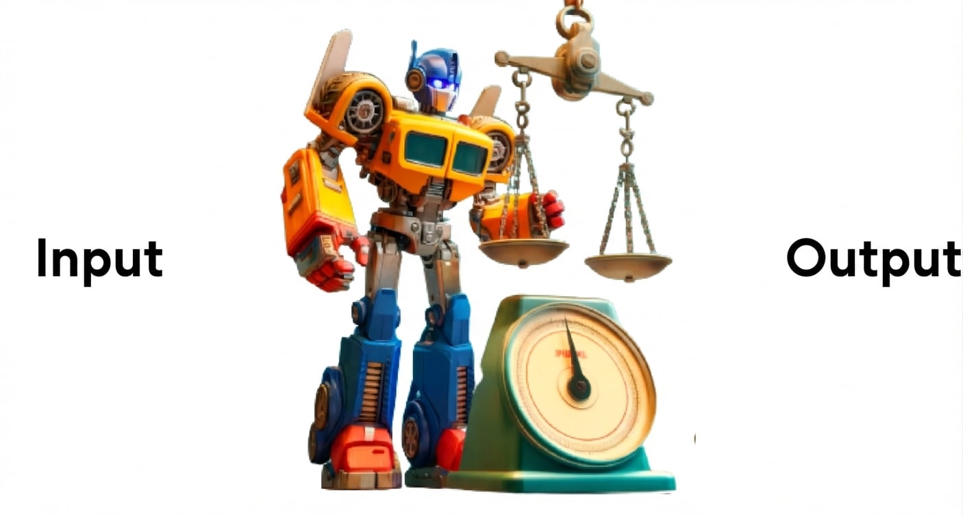 Personaggio robot tipo Transformer accanto a una bilancia