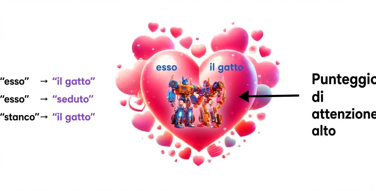 L’immagine mostra due robot colorati dentro un grande cuore rosa con cuori più piccoli attorno. Il robot a sinistra è etichettato "it" e quello a destra "the cat". A sinistra del cuore, tre frammenti di testo in verticale: "the cat", "sat" e "the cat", tutti in blu