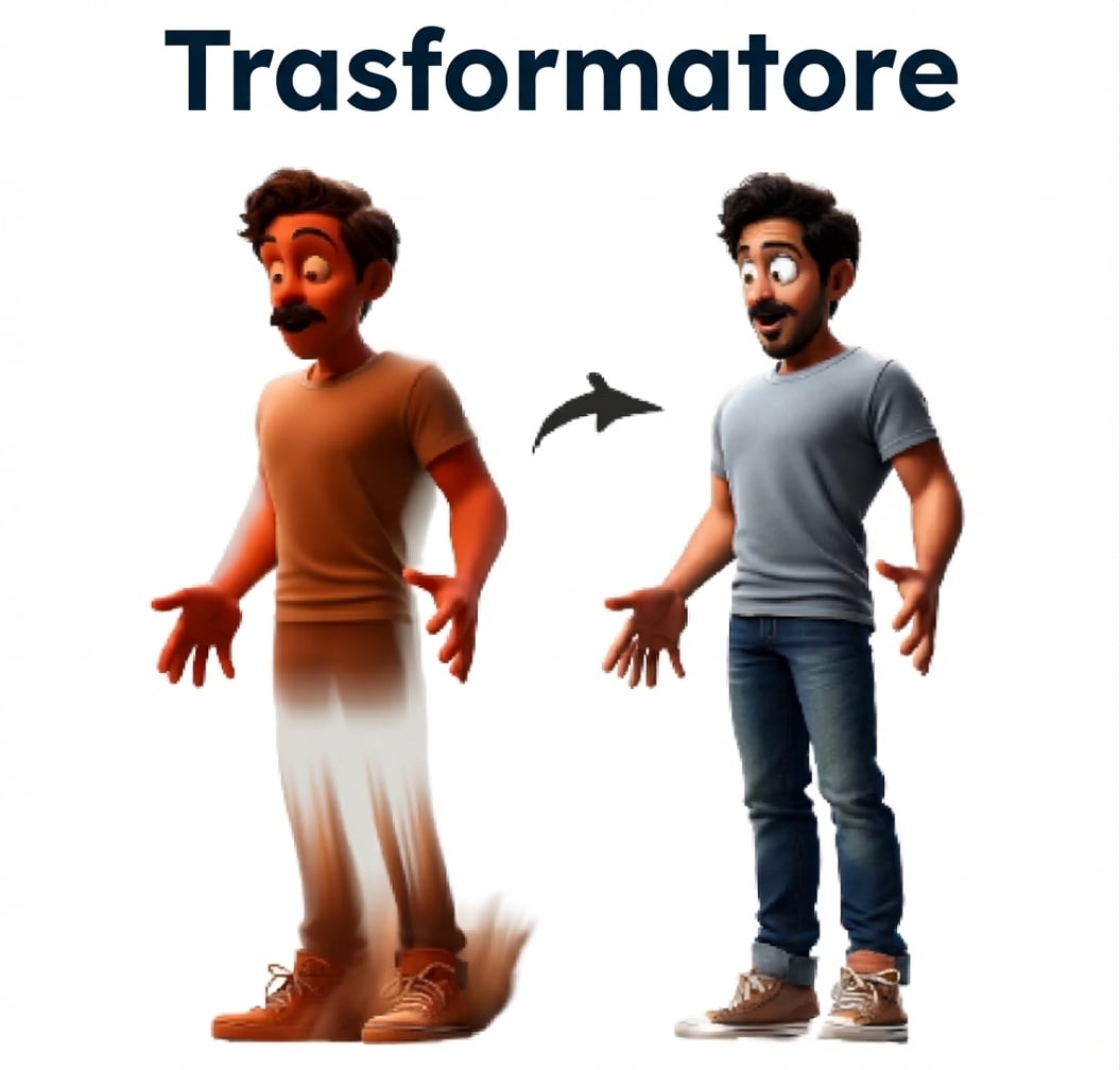 Illustrazione di un uomo che si trasforma da uno stato a un altro, con la scritta 'Transformer' sopra
