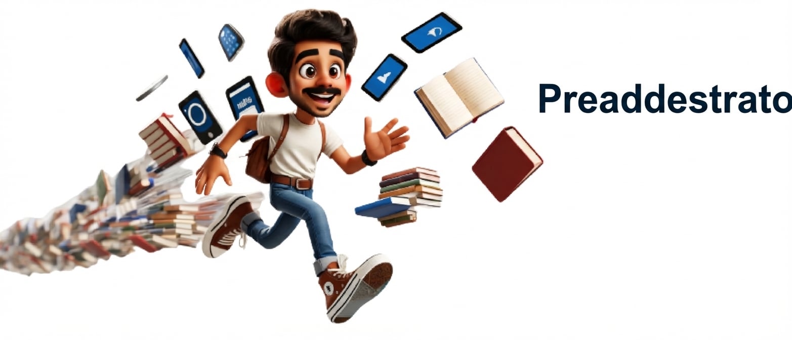 Illustrazione di un uomo che corre con libri e dispositivi elettronici dietro di lui, con la parola 'Pre-trained' a destra