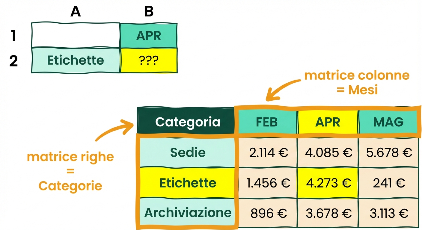 Tabella in Excel con 5 colonne e 4 righe, per illustrare l'uso di INDEX e MATCH