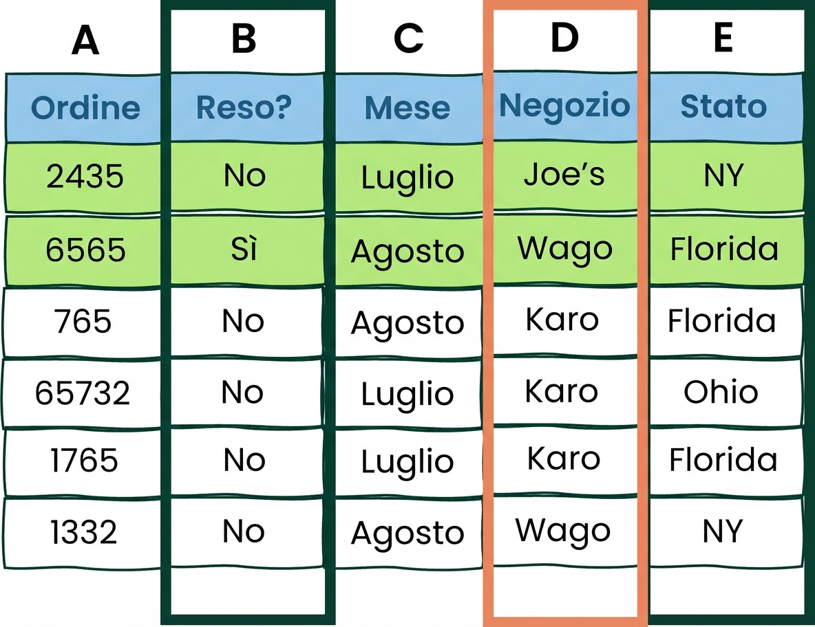 Esempio di tabella Excel con due AND e un OR