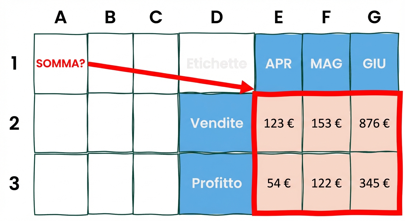 Tabella con due righe e due colonne per illustrare un array sommato