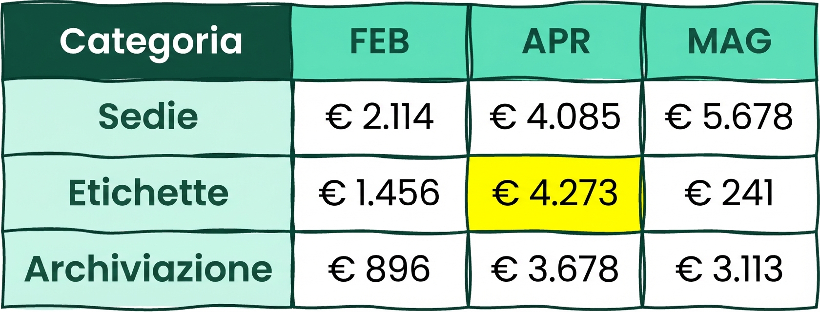 Tabella con varie righe e colonne e una cella evidenziata in giallo