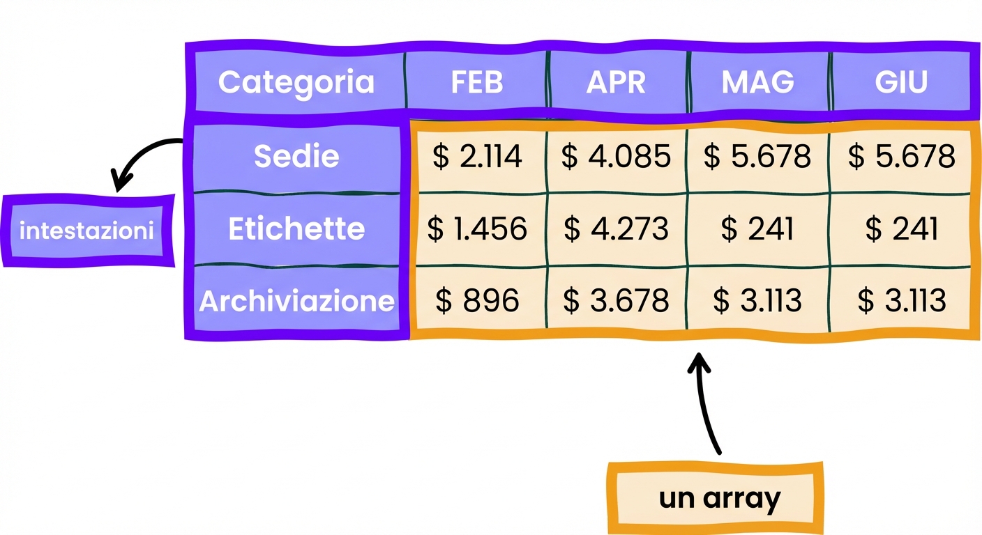 Esempio di tabella Excel con matrice e intestazioni