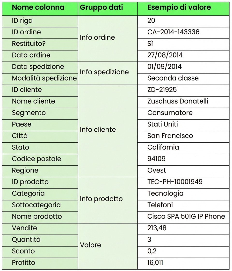 Spiegazione visiva del dataset: contorno USA, icona di cestino della spesa e pila di monete