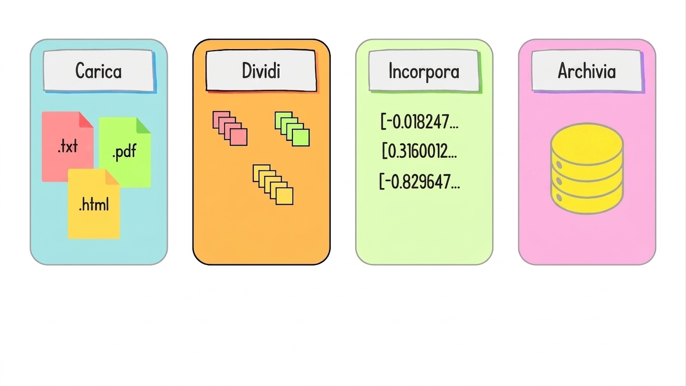 Nel flusso RAG è evidenziato il passaggio di splitting.