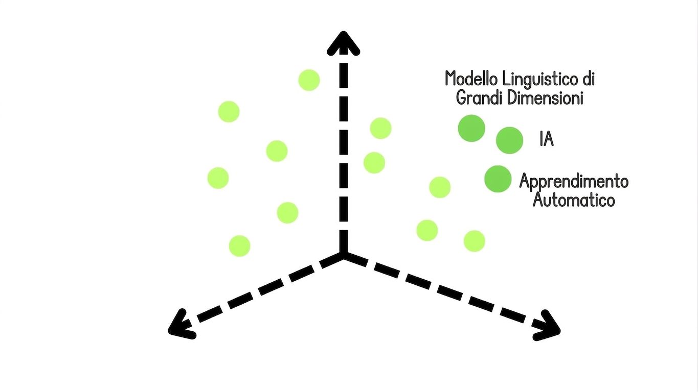 Uno spazio vettoriale che mostra termini simili raggruppati: Large Language Model, AI e Machine Learning.