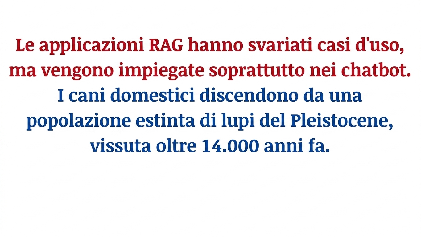 Uno splitter semantico ha diviso il paragrafo nel punto in cui l'argomento passa da RAG ai cani.