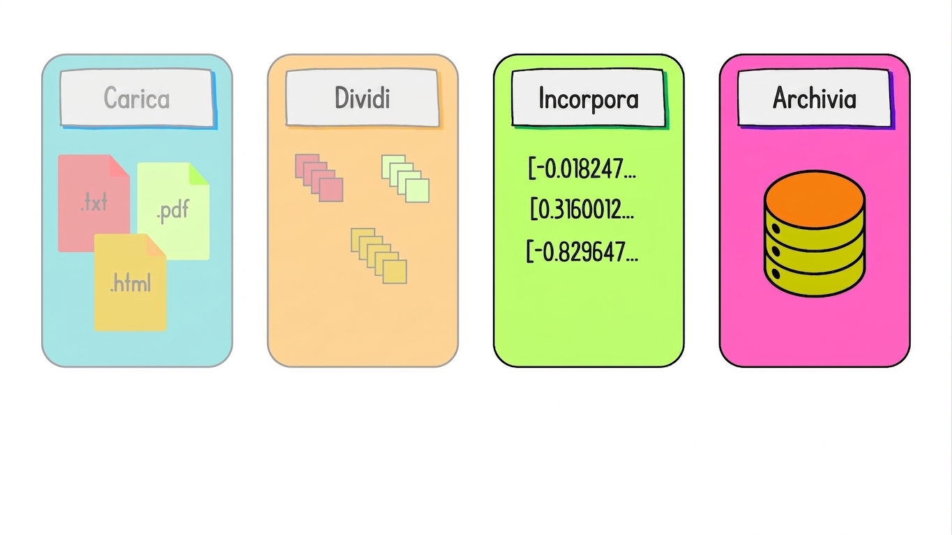 Sono evidenziati i passaggi di embedding e archiviazione.