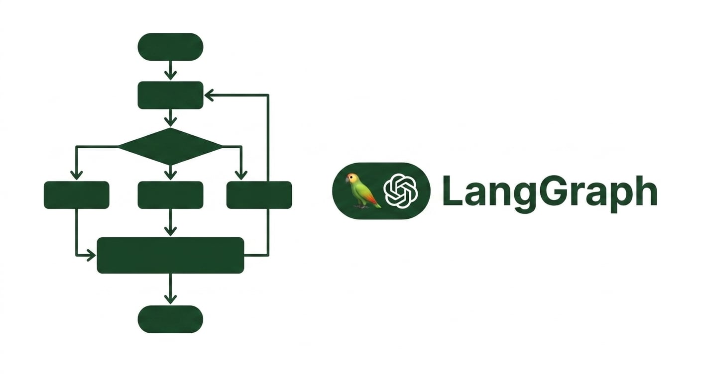 Diagramma di un flowchart generico a sinistra con il logo LangGraph a destra.