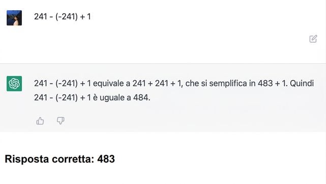 Screenshot di una risposta matematica errata da una precedente conversazione con ChatGPT. Risposta corretta «483» aggiunta in basso.