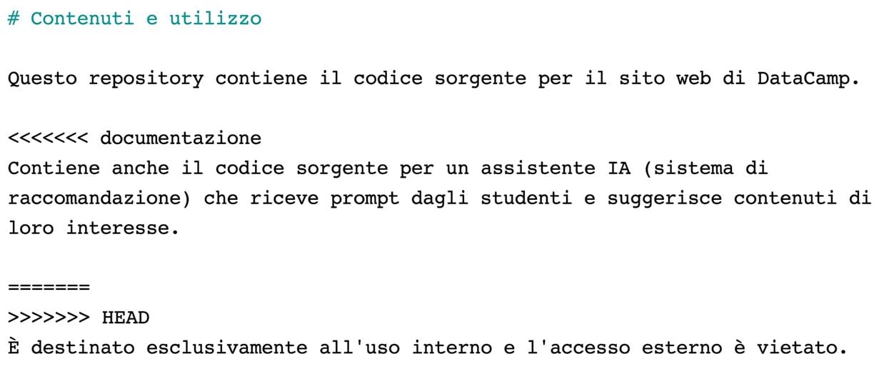 file README che mostra le sezioni in conflitto in nano