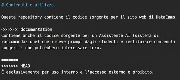 editor web di nano che elimina la sintassi Git <<<<<<< documentation, ======= e >>>>>>> HEAD