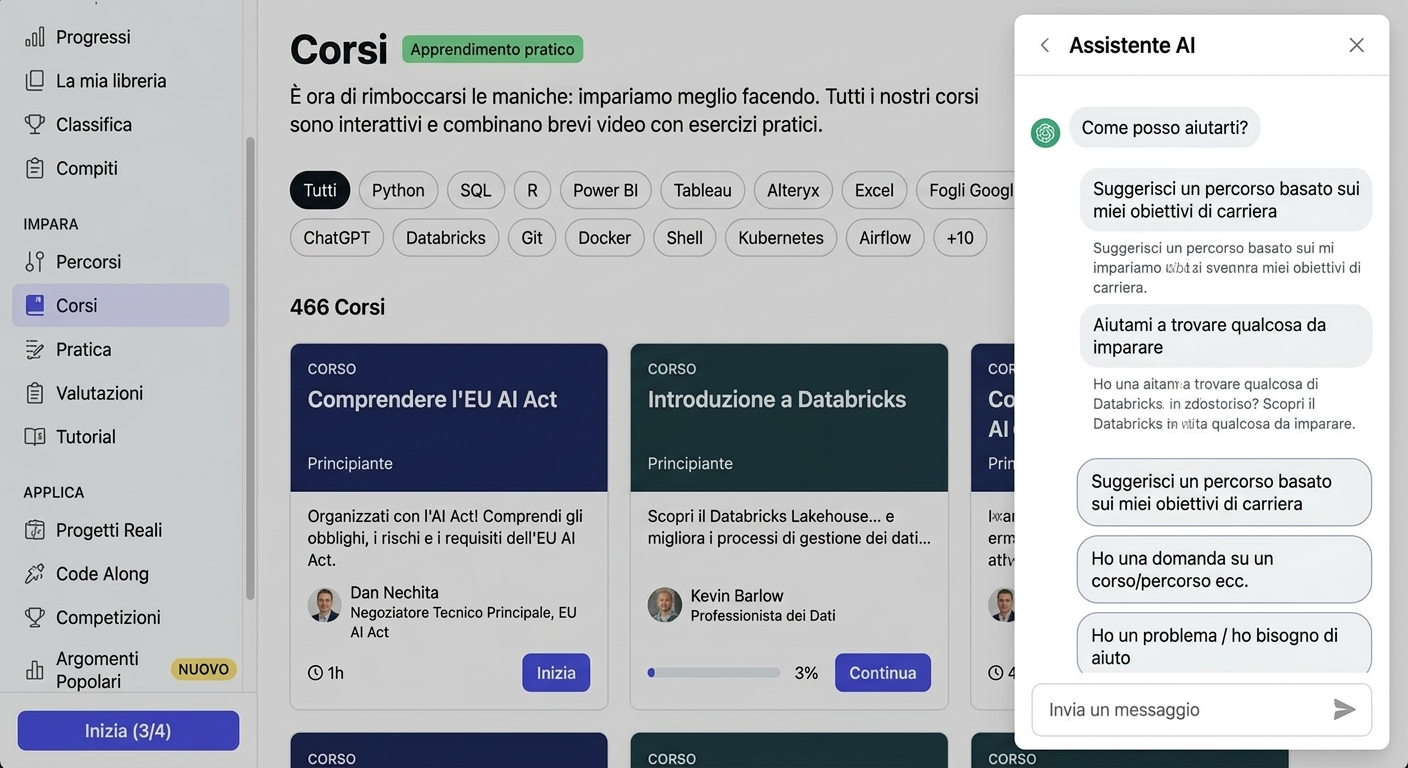Pagina dei corsi DataCamp con l'AI Assistant