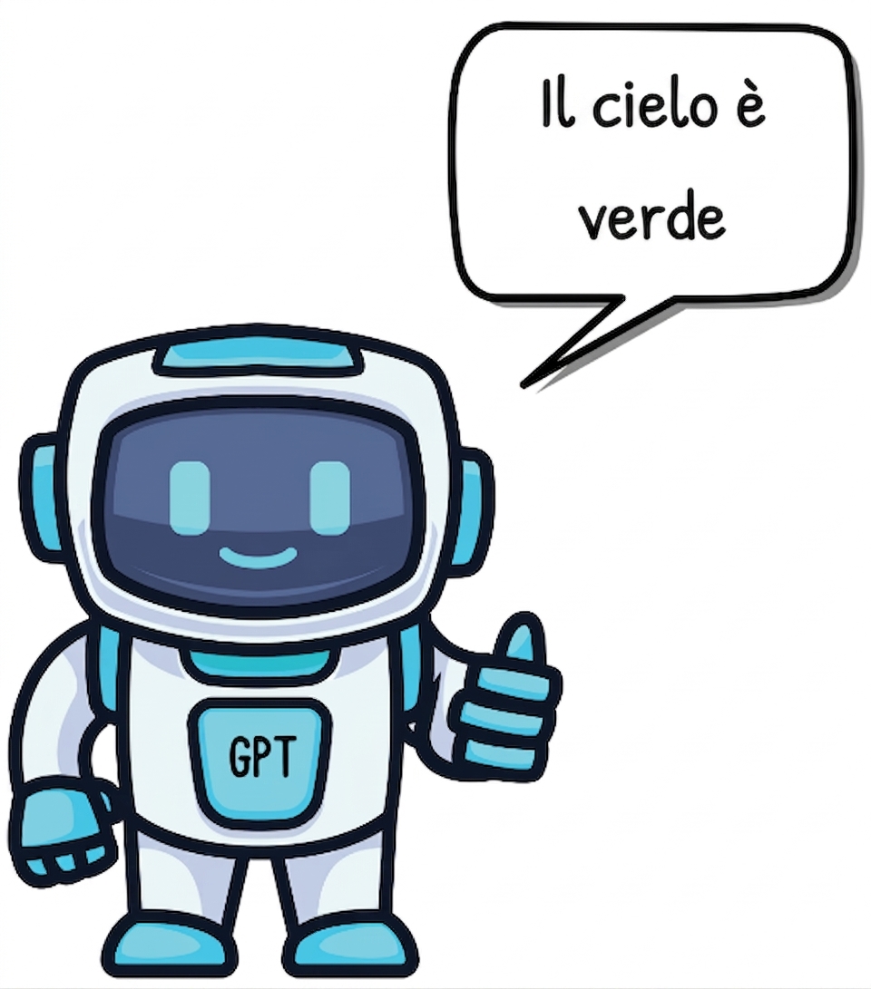Un robot con pollice in su che dice che il cielo è verde