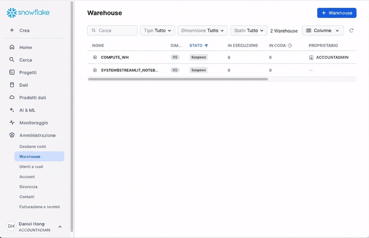 GIF sulla creazione di un nuovo warehouse