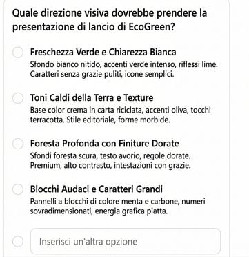 Copilot chiede quale direzione visiva dare al deck EcoGreen, offrendo quattro stili descritti tra cui scegliere
