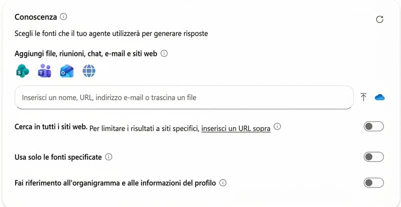 Il pannello Knowledge con una singola fonte aggiunta in Agent Builder