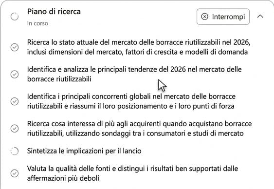 Il Researcher agent che segue un piano di ricerca trasparente in più passaggi