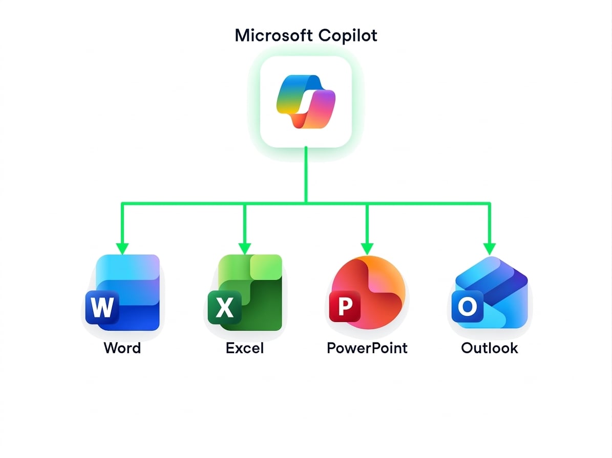 Grafica con il logo Microsoft Copilot al centro, collegato alle icone di Word, Excel e PowerPoint, a rappresentare la capacità di Copilot di connettere il lavoro tra app