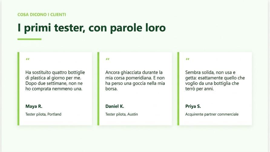 La slide con le testimonial aggiunta da Copilot, con tre quote card coerenti con il brand