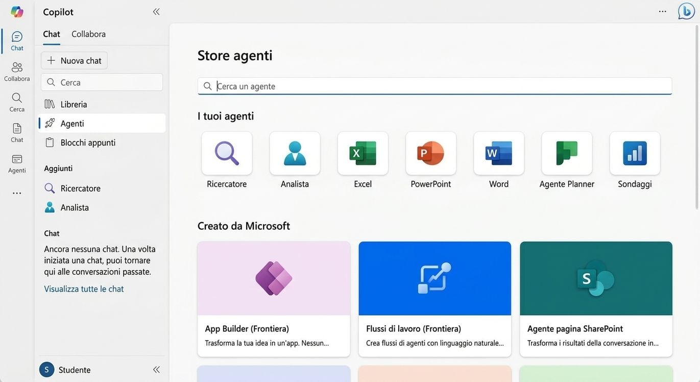 L'Agent Store in Copilot, con Researcher e Analyst tra gli agenti integrati