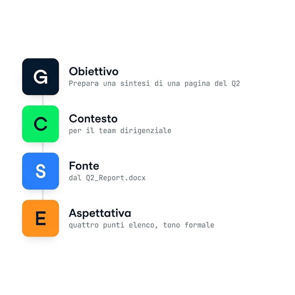 Le quattro lettere GCSE - Goal, Context, Source, Expectation - elencate come una checklist impilata