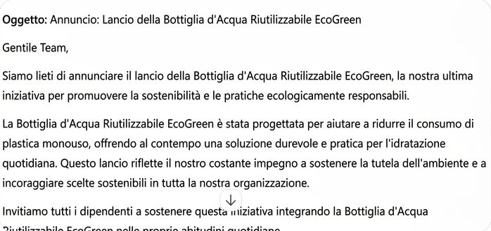 Bozza di email formale di annuncio business in Copilot