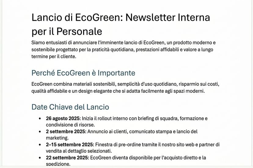 La newsletter EcoGreen che Copilot ha abbozzato in Word, con titoli chiari e sezioni brevi