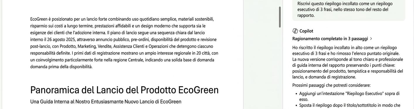 Word che trasforma il riepilogo tra file incollato in un executive summary di tre frasi all'inizio del report EcoGreen
