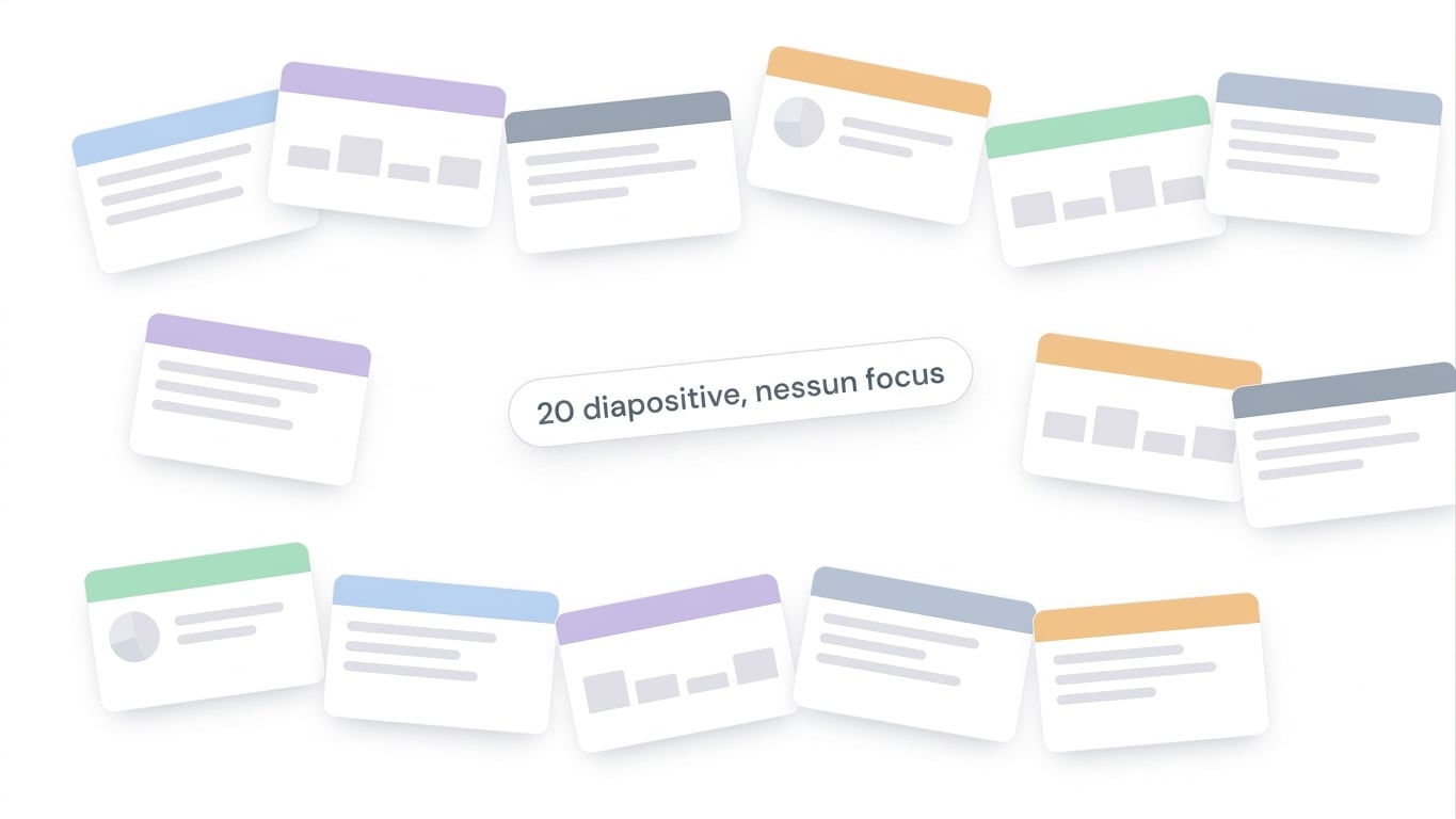 Un mucchio disordinato di diapositive senza focus con l'etichetta "20 slides, no focus", che rappresenta l'output travolgente prodotto da una richiesta vaga