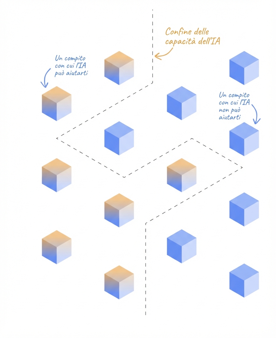 Compiti che l'AI può e non può completare separati da un confine.