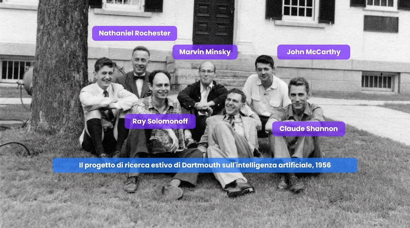 Immagine in stile foto storica della conferenza di Dartmouth del 1956 con ricercatori