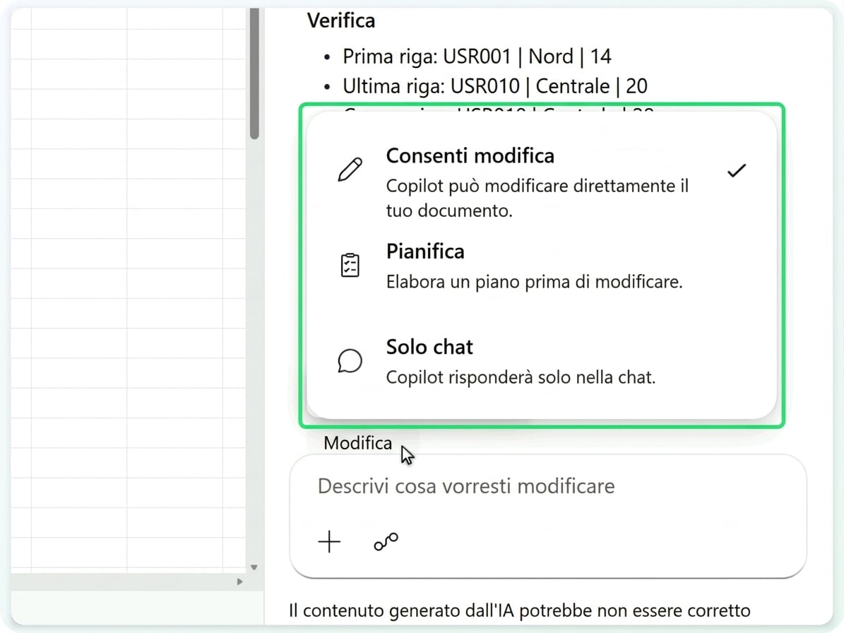 Il menu modalità di Copilot - Consenti modifica, Pianifica, Solo chat