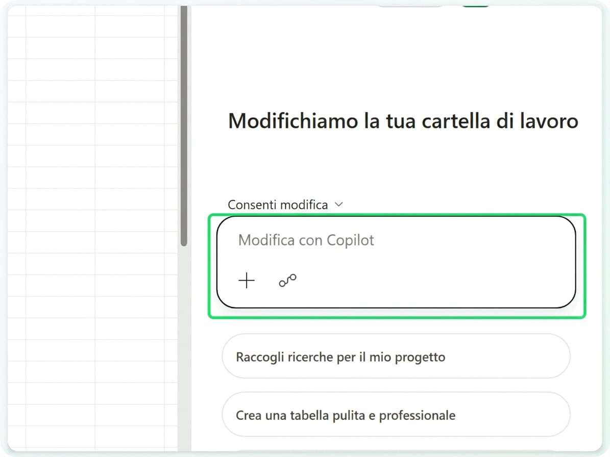 Il riquadro di Copilot, con la casella del prompt evidenziata
