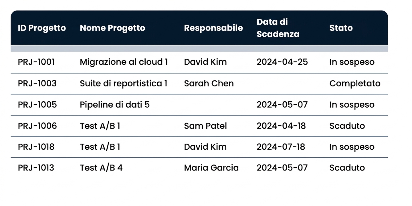 La tabella Projects, con celle vuote, un nome progetto ripetuto e due righe in ritardo